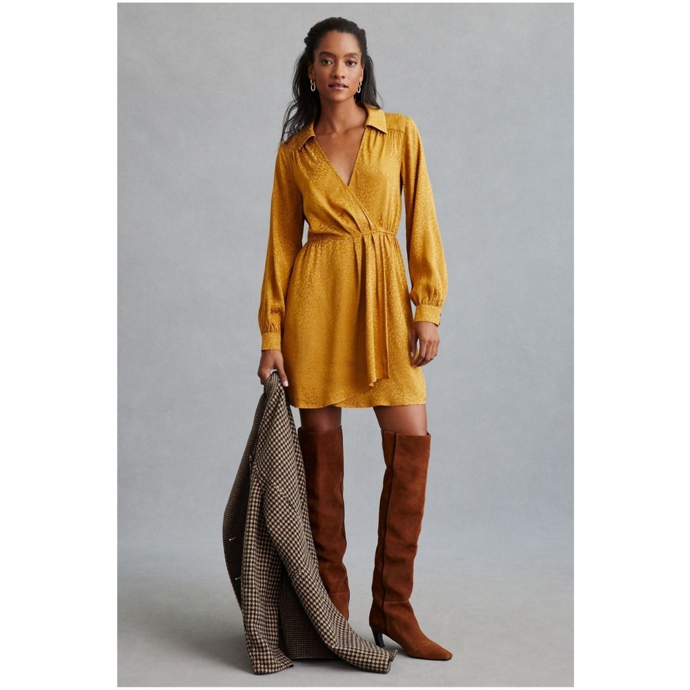 By Anthropologie Mustard Gold Leopard Jacquard‎ Long Sleeve Mini Dress Boho M